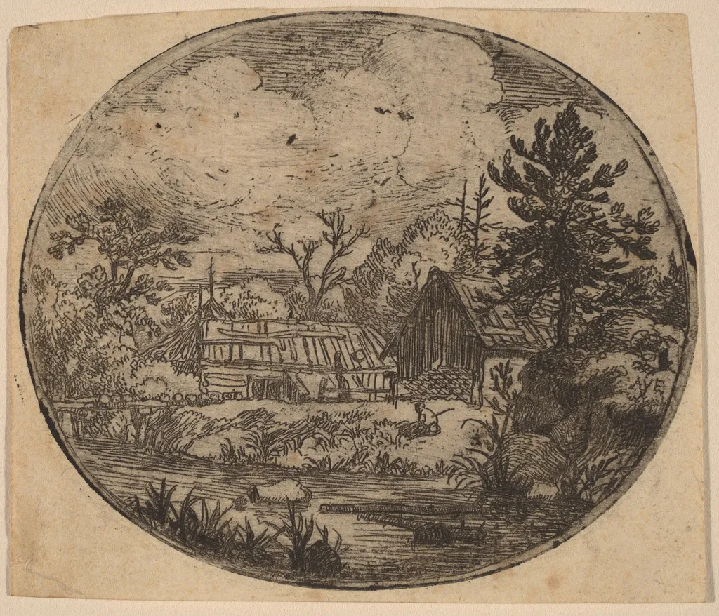 Hamlet at the Bank of a River, by Allart van Everdingen, ink, 1650