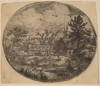 Hamlet at the Bank of a River, by Allart van Everdingen, ink, 1650