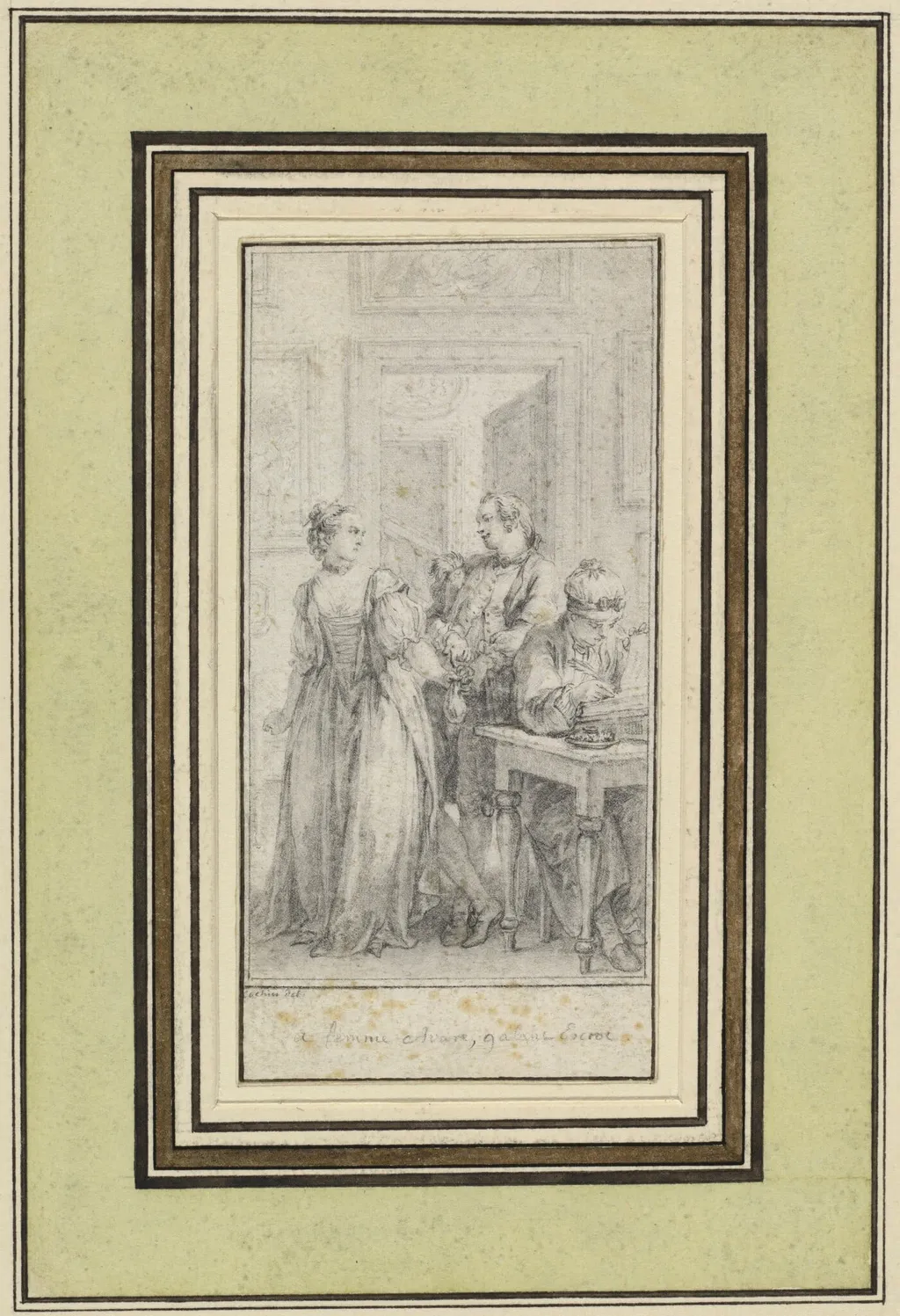Eighth Day, First Story, Madonna Ambruogia Gives Her Husband the Two Hundred Florins She Was Given by Gulfardo in Payment for Her Favors, by Charles-Nicolas Cochin II, ink, 1757