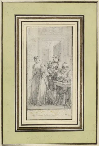 Eighth Day, First Story, Madonna Ambruogia Gives Her Husband the Two Hundred Florins She Was Given by Gulfardo in Payment for Her Favors, by Charles-Nicolas Cochin II, ink, 1757