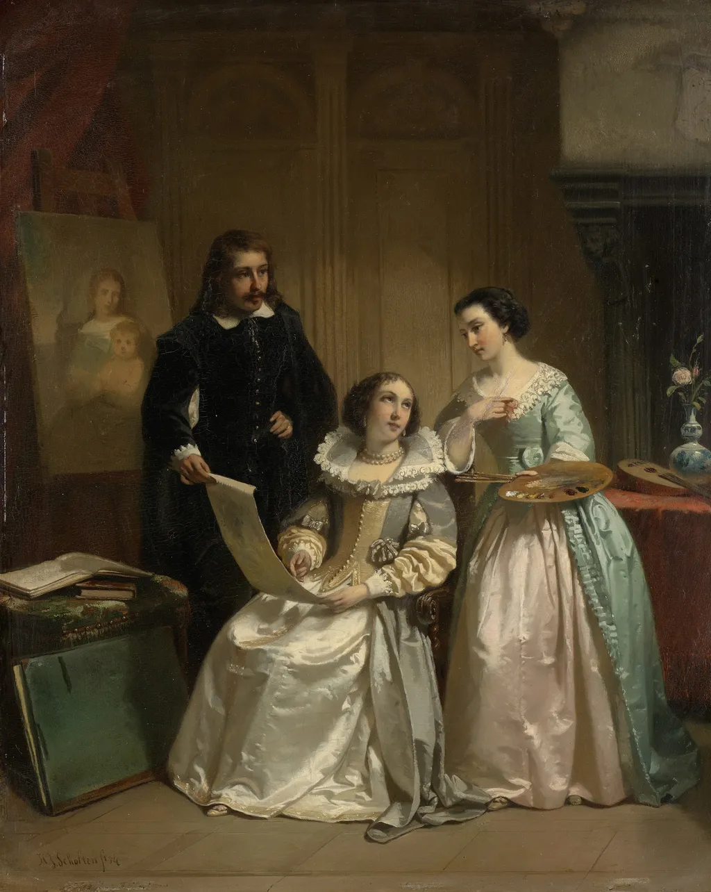 Gerard van Honthorst Shows Amalia van Solms the Drawings by his Pupil Louise of Bohemia, by Hendrik Jacobus Scholten, oil, 1854