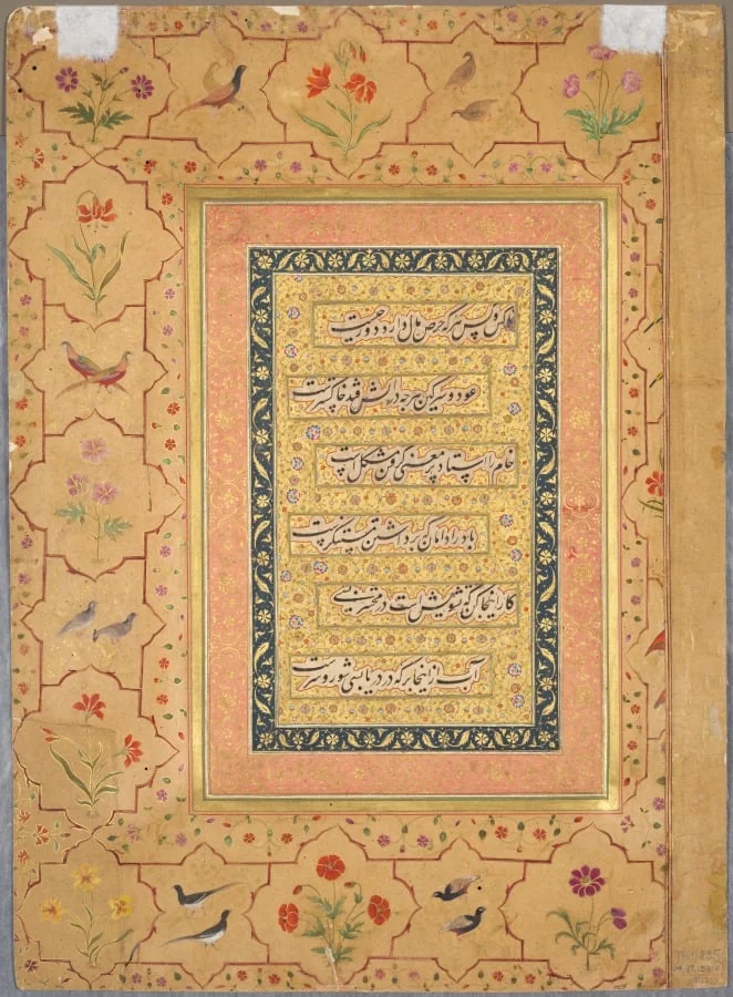 Calligraphy framed by an ornamental border with poppies and pairs of birds, from the Late Shah Jahan Album (verso), detail