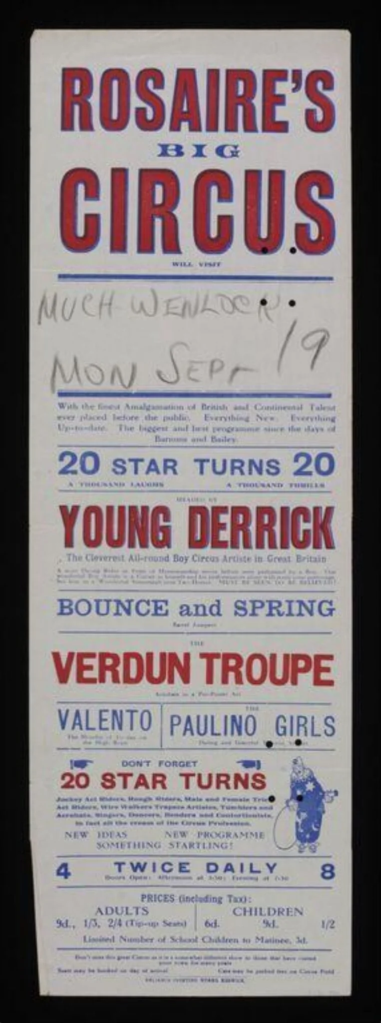 Tour poster advertising Rosaire's Big Circus appearing in Much Wenlock, Monday 19th September, detail