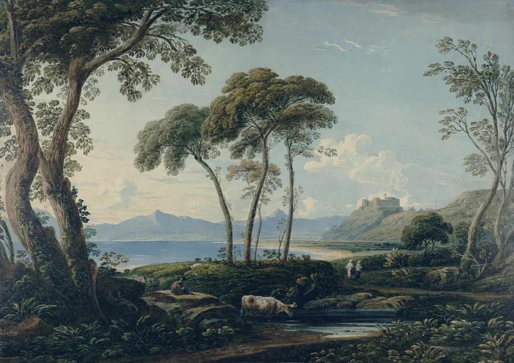 Landscape with Harlech Castle, by John Varley, watercolor