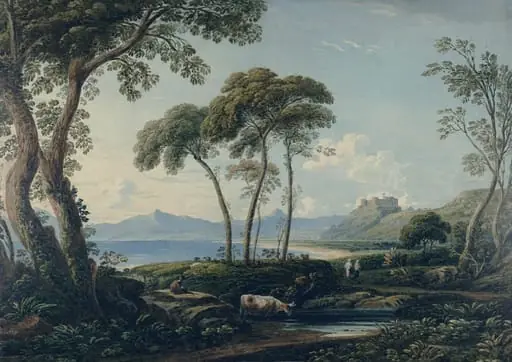 Landscape with Harlech Castle, by John Varley, watercolor
