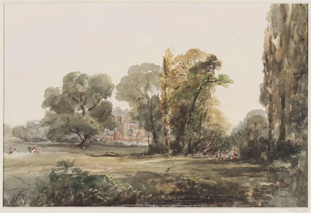 Stowe: a church in the distance, seen amid trees, by Henry Harris Lines, 1818