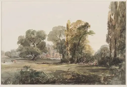 Stowe: a church in the distance, seen amid trees, by Henry Harris Lines, 1818
