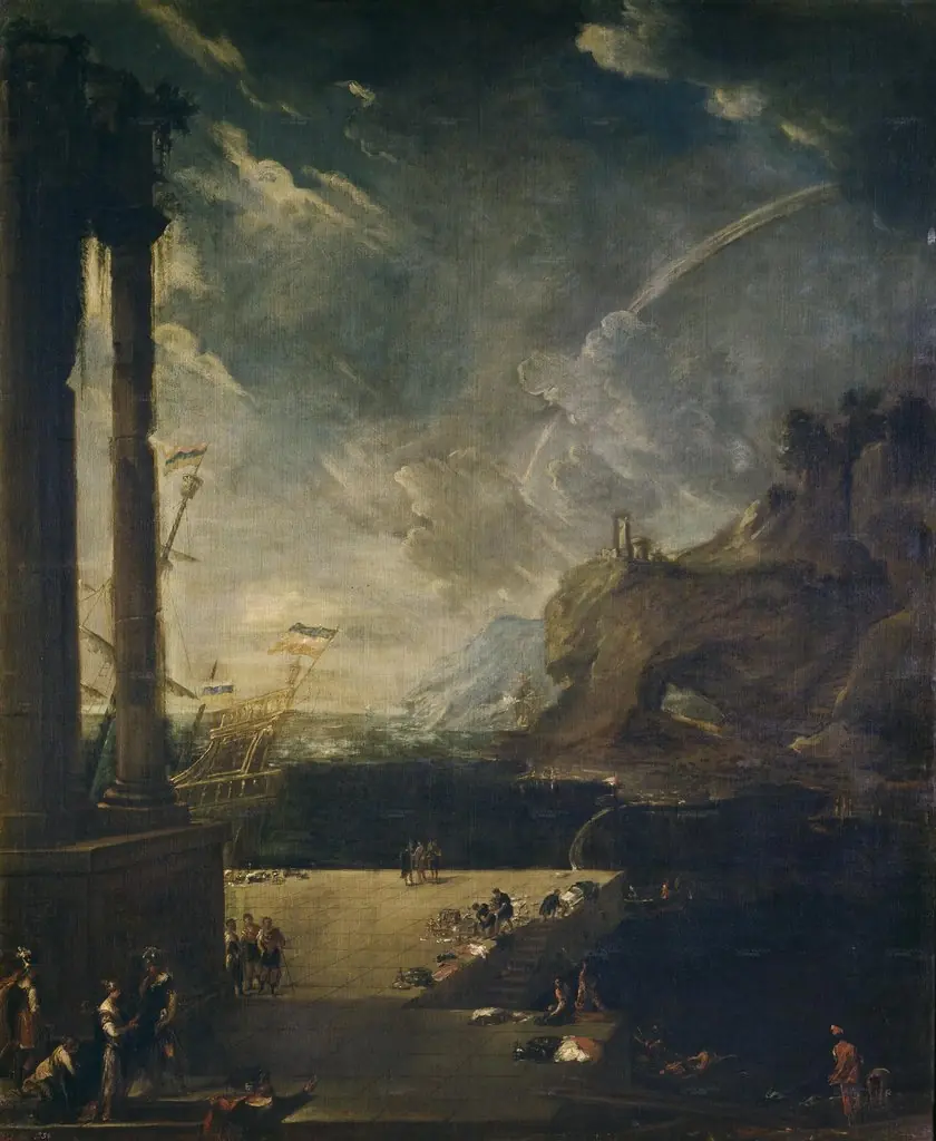 Paisaje con la salida de Eneas de Cartago, by Benito Manuel Agüero, oil, 1651