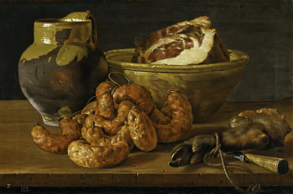 Still Life with Sausages Ham and Vessels, by Luis Egidio Meléndez, oil, 1772