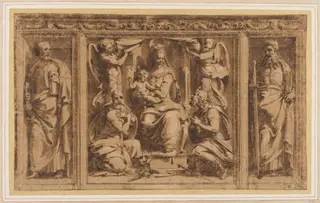 Design for three painted or sculptured panels in an ornamented frame: in the middle the Virgin and Child adorded by St Jerome and a king; to the left and right St Peter and St Paul, by Perino del Vaga, 1501