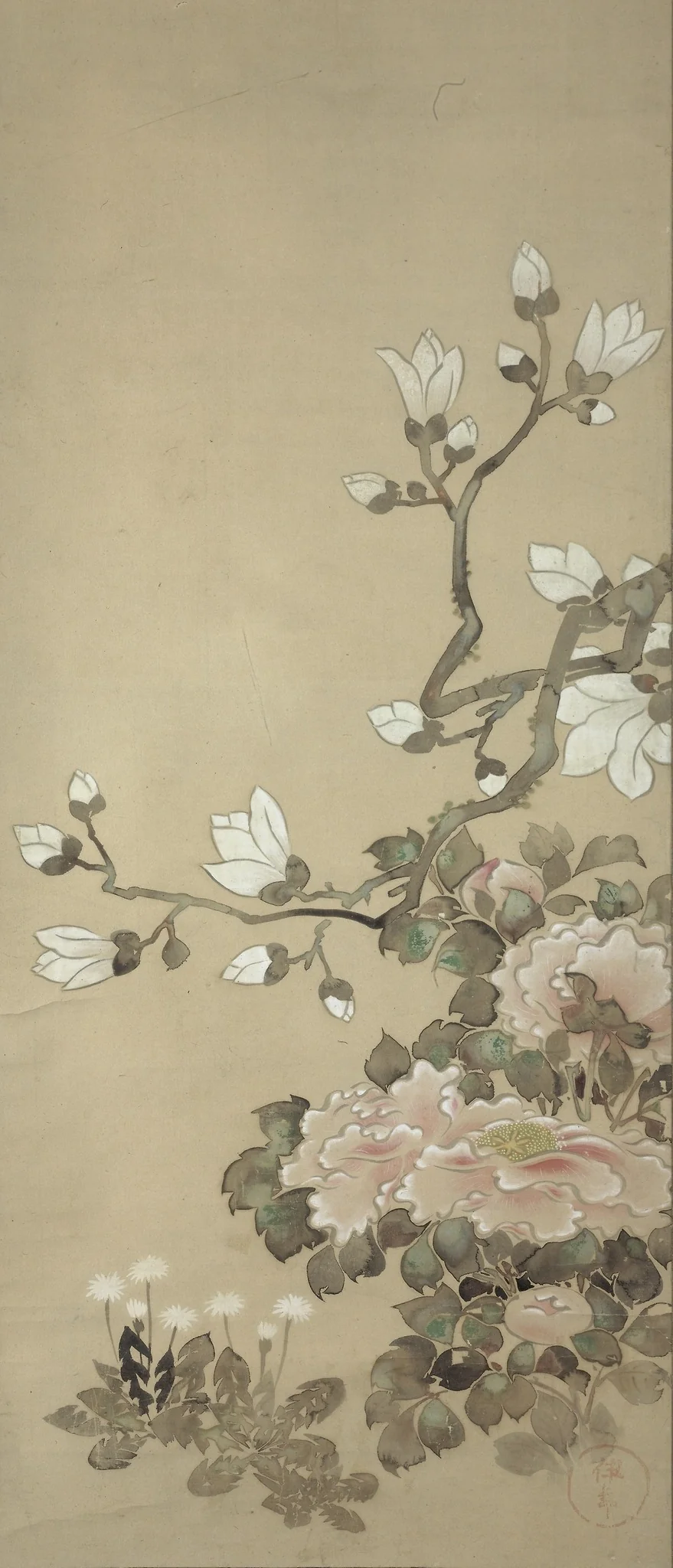 Peonies, Magnolia, and Dandelions, detail