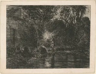 Riverbank at Night, by Charles Émile Jacque, ink, 1844