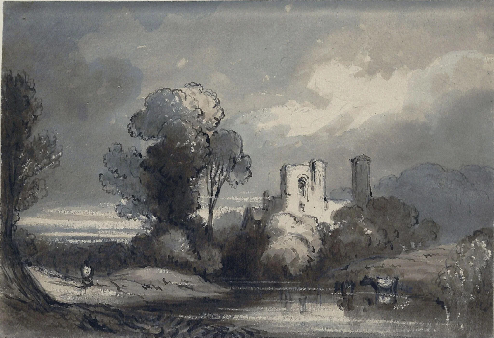 Landscape with Abbey by a Stream, detail