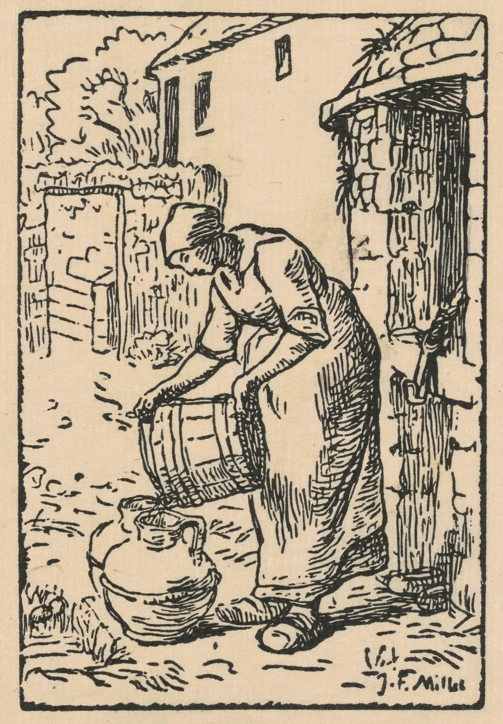 Woman Filling a Water Jug (Femme vidant un seau), by Jean François Millet, ink, 1864