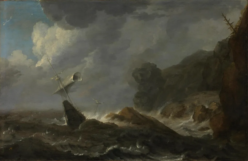 Shipwreck off a rocky coast, by Allart van Everdingen, oil, 1650
