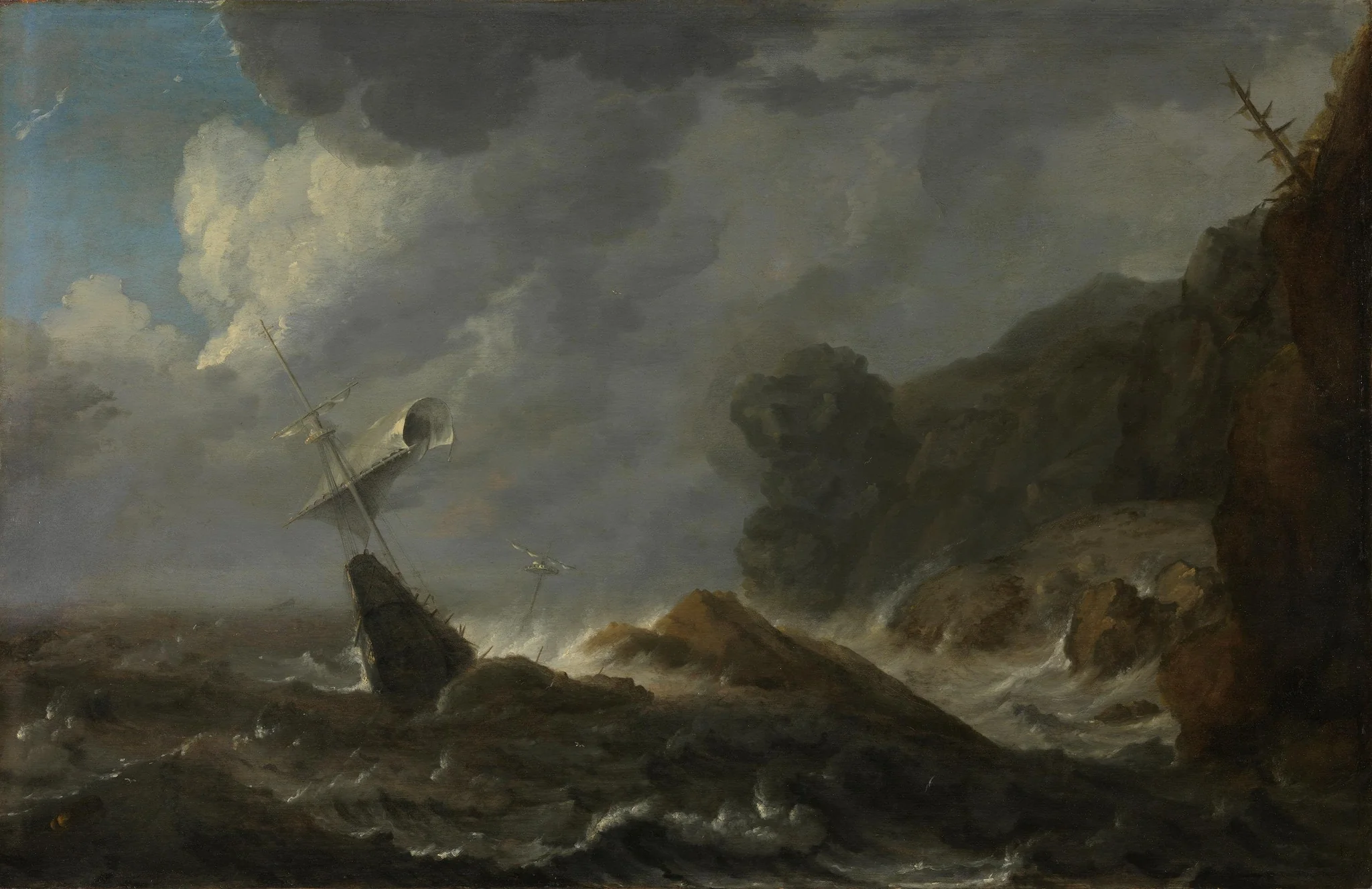 Shipwreck off a rocky coast, detail