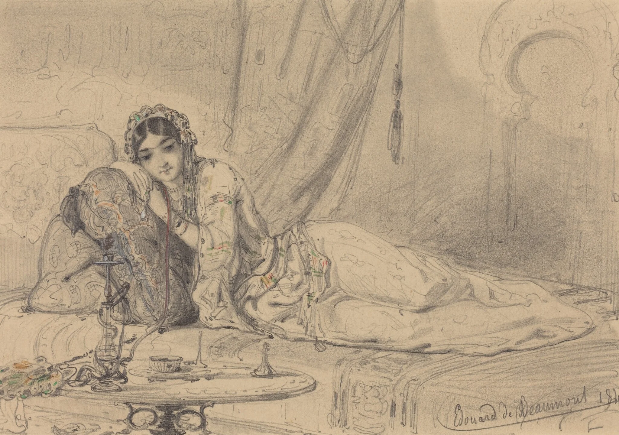 A Middle Eastern Woman Reclining in an Exotic Setting, detail