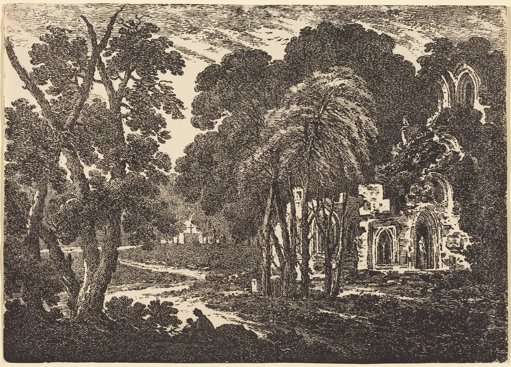 Ruined Abbey among Trees, by Richard Cooper II, ink, 1802
