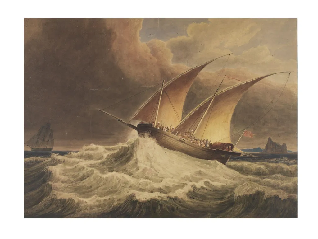 Sea Piece: Arab Dhow in the foreground, Ship in the distance, by William Daniell, watercolor, 1790