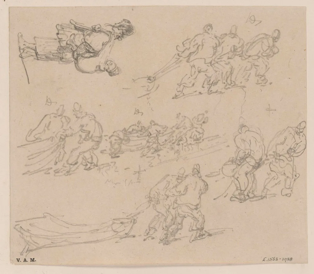 Boatmen hauling their boats, and a boatwoman and child, by George Chinnery, 1