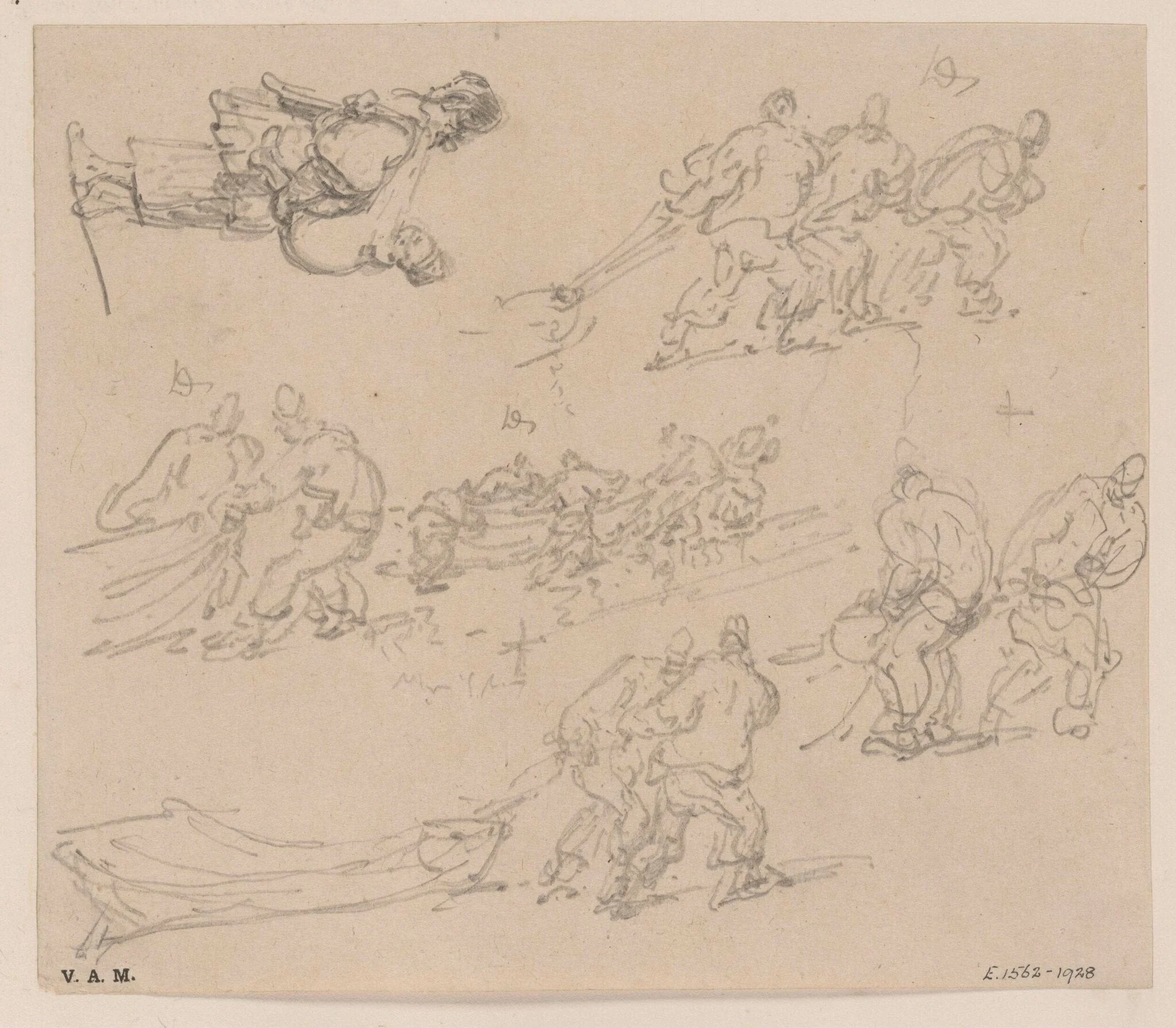Boatmen hauling their boats, and a boatwoman and child, detail
