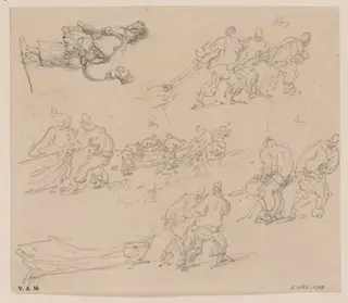 Boatmen hauling their boats, and a boatwoman and child, by George Chinnery, 1