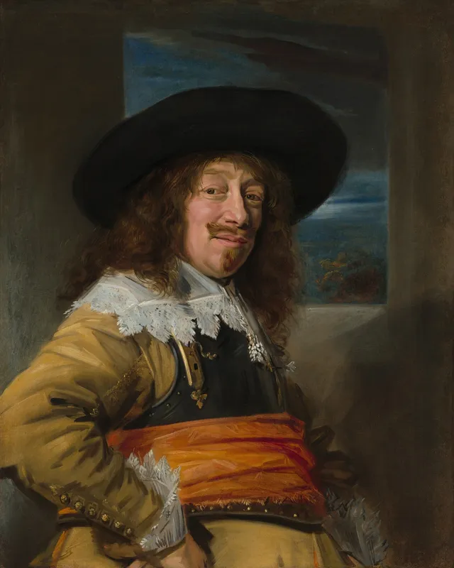 Frans Hals paints the militiaman in loaded, visible strokes, the collar set down in a few confident passes. To his first Haarlem viewers the bearing read as civic rank, not just bravura.