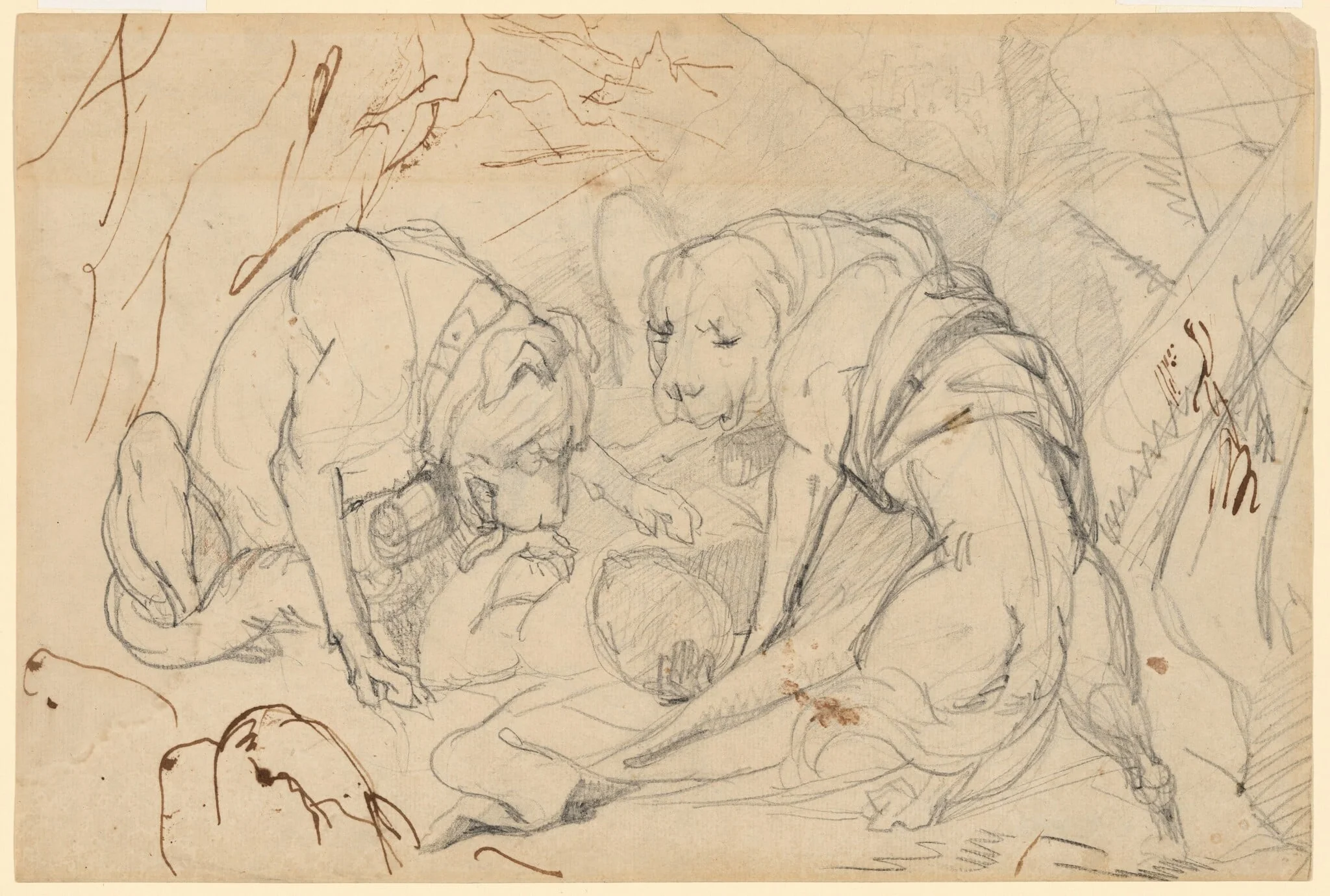 Study for "Alpine Mastiffs Reanimating a Distressed Traveler" (recto); Study for "Alpine Mastiffs Reanimating a Distressed Traveler" (verso), detail