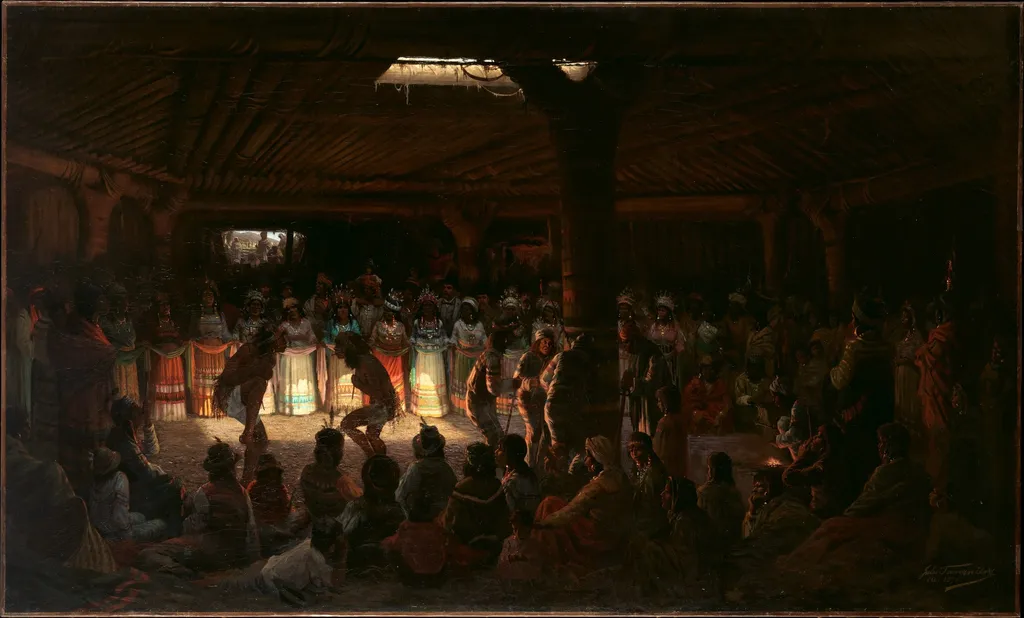 Dance in a Subterranean Roundhouse at Clear Lake, California, by Jules Tavernier, oil