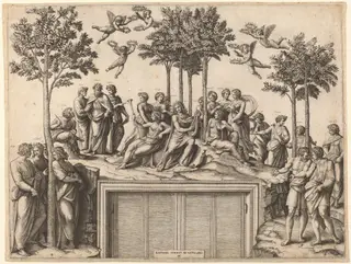 Apollo on Parnassus, by Marcantonio Raimondi, ink, 1518