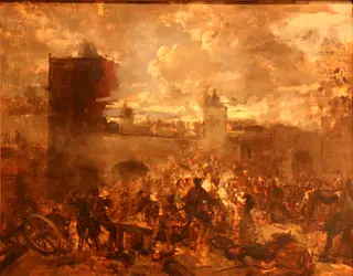 French fury in Antwerp in 1583 - Sketch, by Jan August Hendrik Leys, oil, 1830