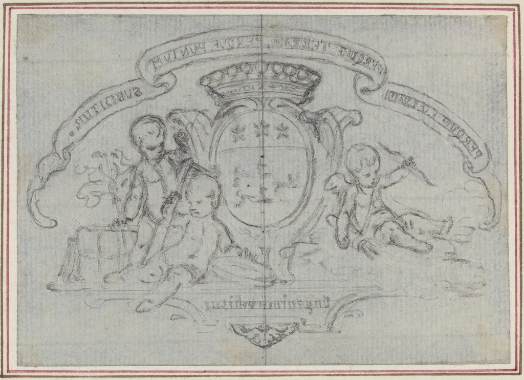 Coat of Arms with Three Putti, by Hubert François Gravelot, graphite, 1736