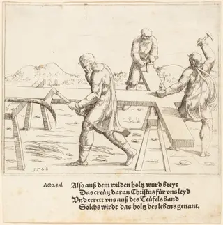 The Preparation of the Cross, by Augustin Hirschvogel, ink, 1548