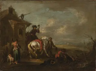 Hunters by a Tavern, by August Querfurt, oil, 1750