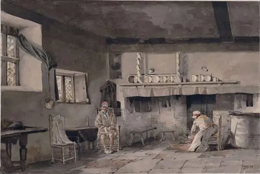 Interior of a Cottage, by George Pyne, watercolor, 1820