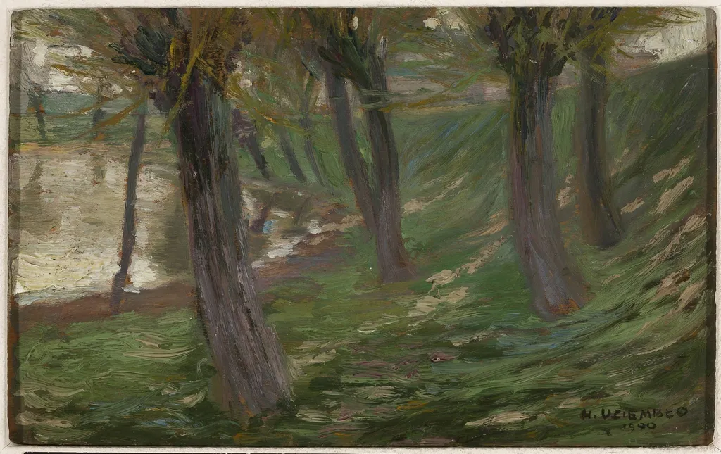 Willows at a pond, by Henryk Uziemblo, oil, 1900