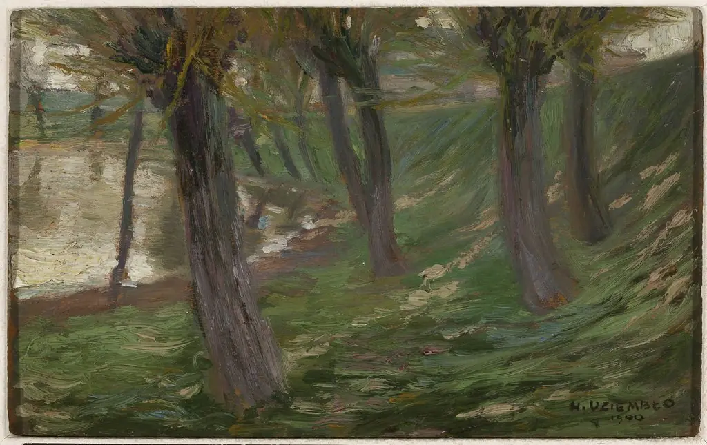 Willows at a pond, by Henryk Uziemblo, oil, 1900