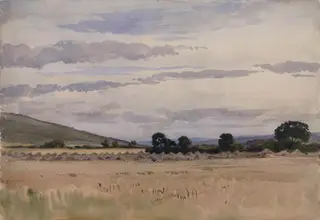 Landscape with a cornfield in the foreground and hills in the distance, by John Absolon, watercolor, 1850