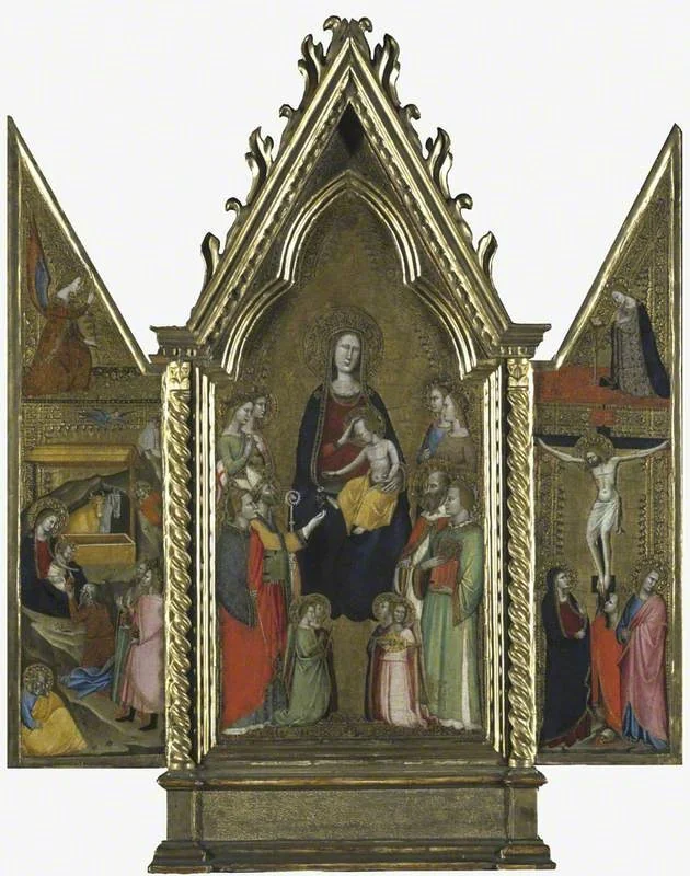 Triptych. Centre: The Virgin and Child Enthroned. Left wing: The Nativity; The Angel of the Annunciation. Right wing: The Crucifixion; The Virgin Annunciate, detail