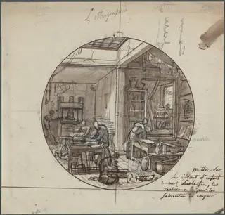 Lithographic Workshop, by Jean Charles Develly, ink, 1828