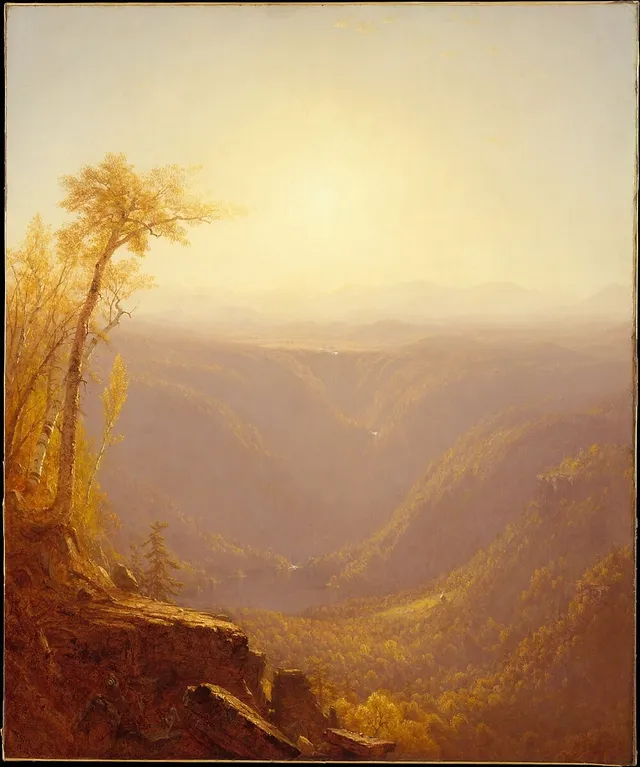 A Gorge in the Mountains (Kauterskill Clove): the Catskill ravine dissolved into a curtain of golden afternoon light, with a single figure and a blasted tree at the near edge.
