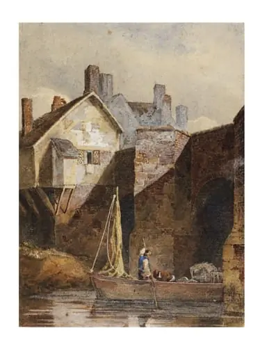 Canal scene with barge and houses in background, by David Cox, watercolor, 1810