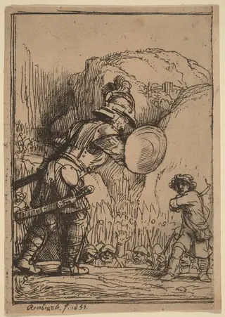 David and Goliath, by Rembrandt van Rijn, ink, 1655