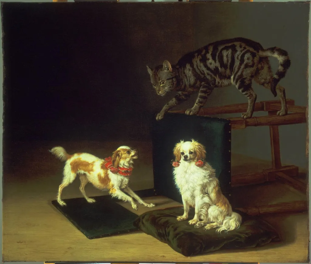 Cat Playing with Two Dogs, by Paulus Potter, oil, 1652