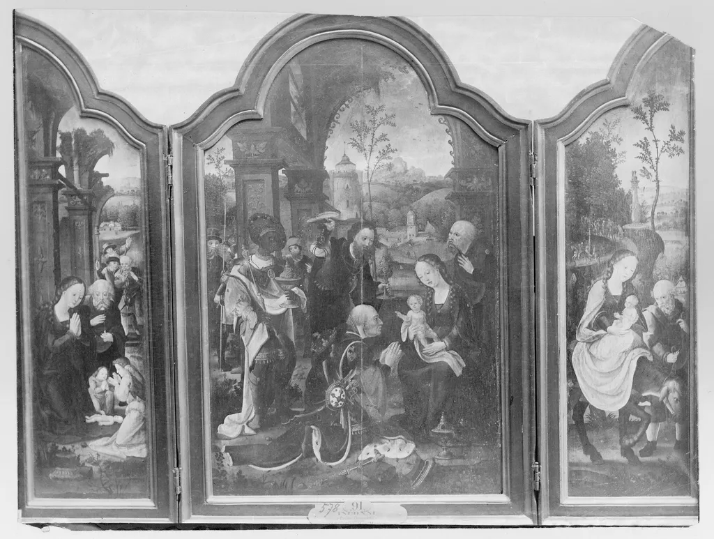 Nativity (left panel), Adoration of the Magi (central panel), Rest on the Flight into Egypt (right panel), by Master of the Brussels Epiphany, oil, 1600