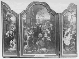 Nativity (left panel), Adoration of the Magi (central panel), Rest on the Flight into Egypt (right panel), by Master of the Brussels Epiphany, oil, 1600