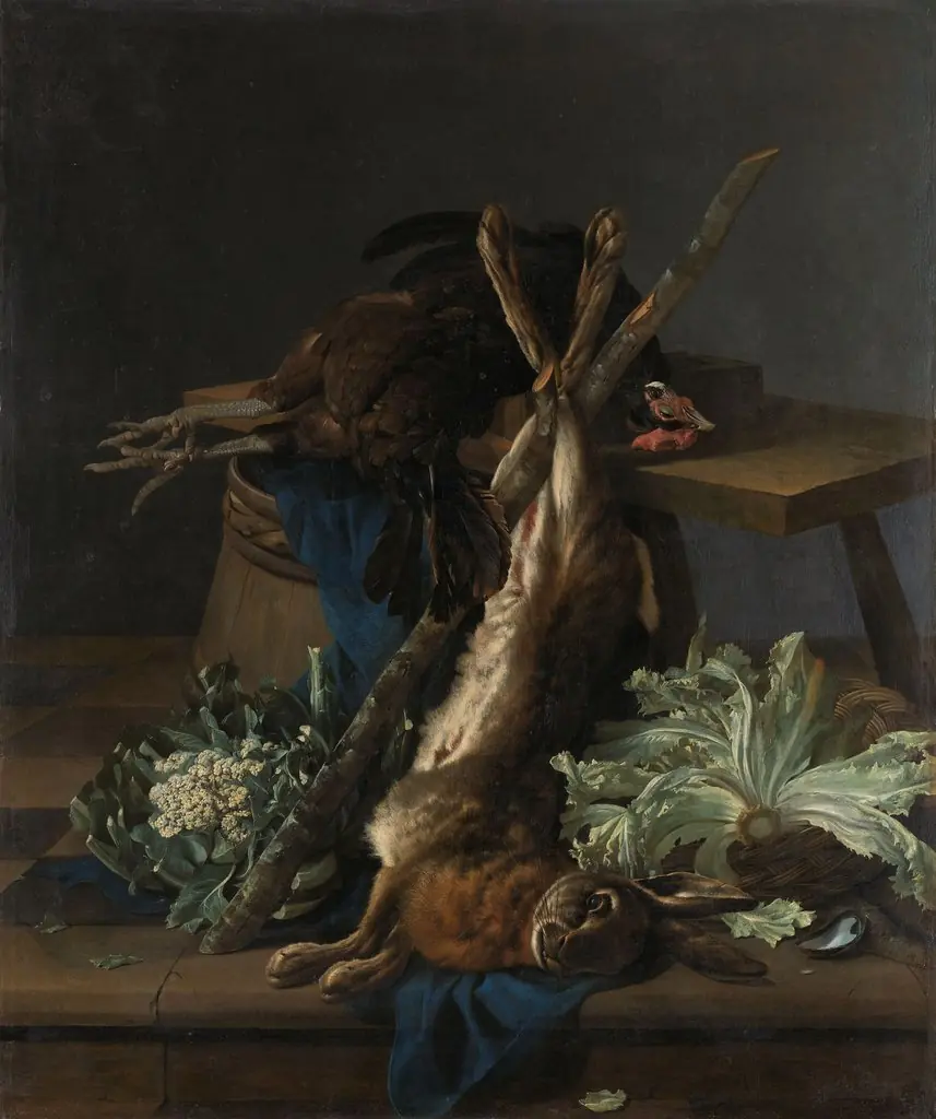Still life with hare and black rooster, by Cornelis Lelienbergh, oil, 1659