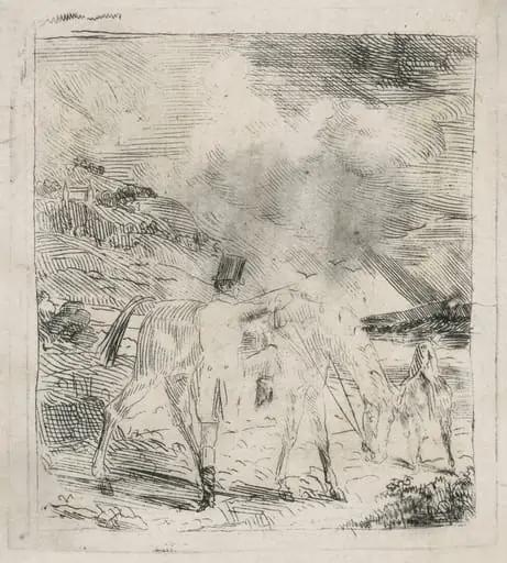 Two Sportsmen Mounting Their Horses, by Edgar Degas, ink, 1856