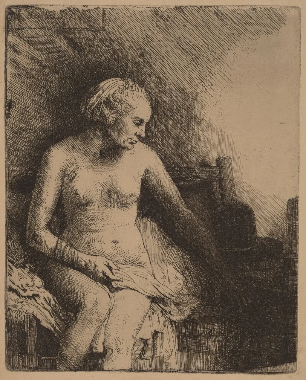 Woman at the Bath with a Hat beside Her, by Rembrandt, ink, 1658