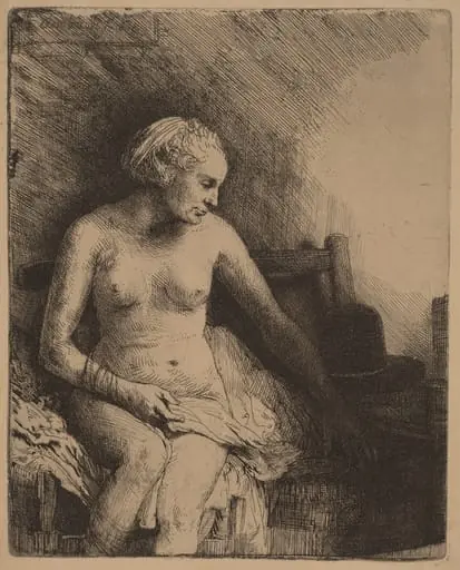 Woman at the Bath with a Hat beside Her, by Rembrandt, ink, 1658